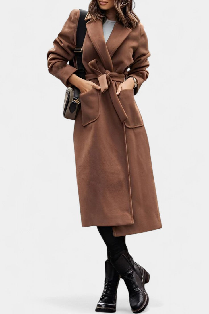 Capucine belted coat notched collar pockets front view