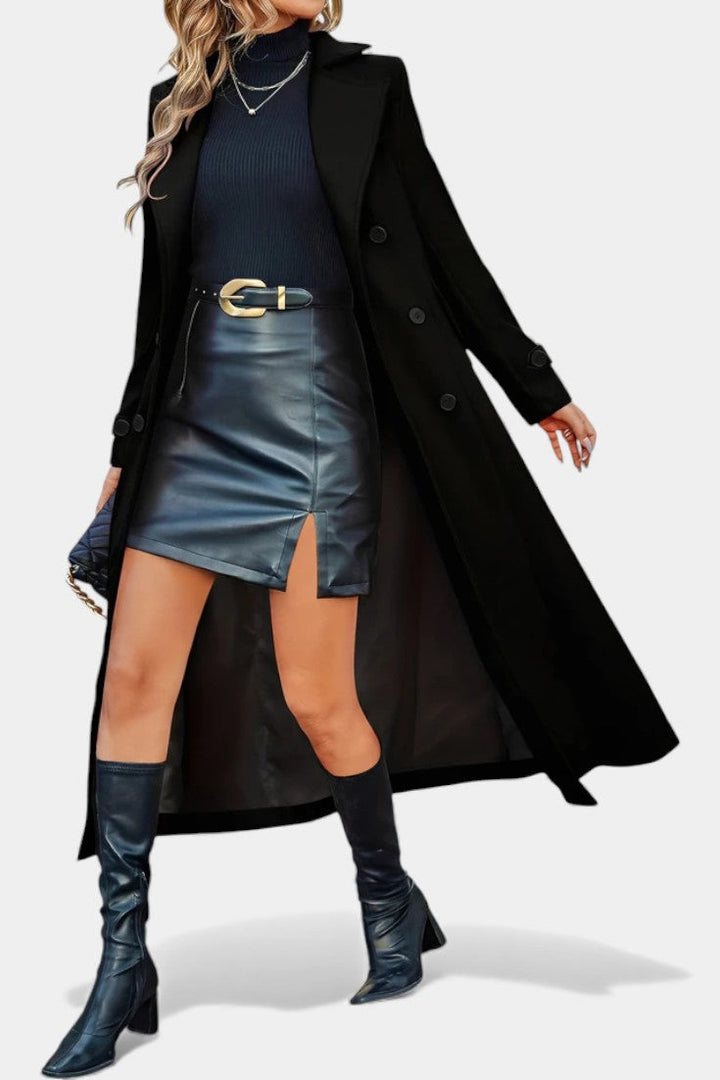 Naissa long coat worn open front view model