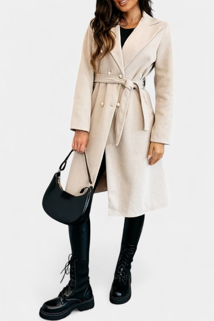 Miguelle belted coat walking lifestyle fashion shot