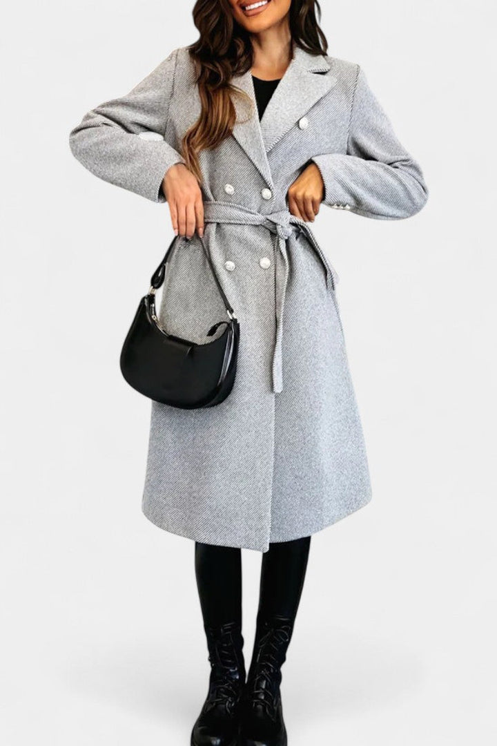 Miguelle double-breasted coat flat lay product shot