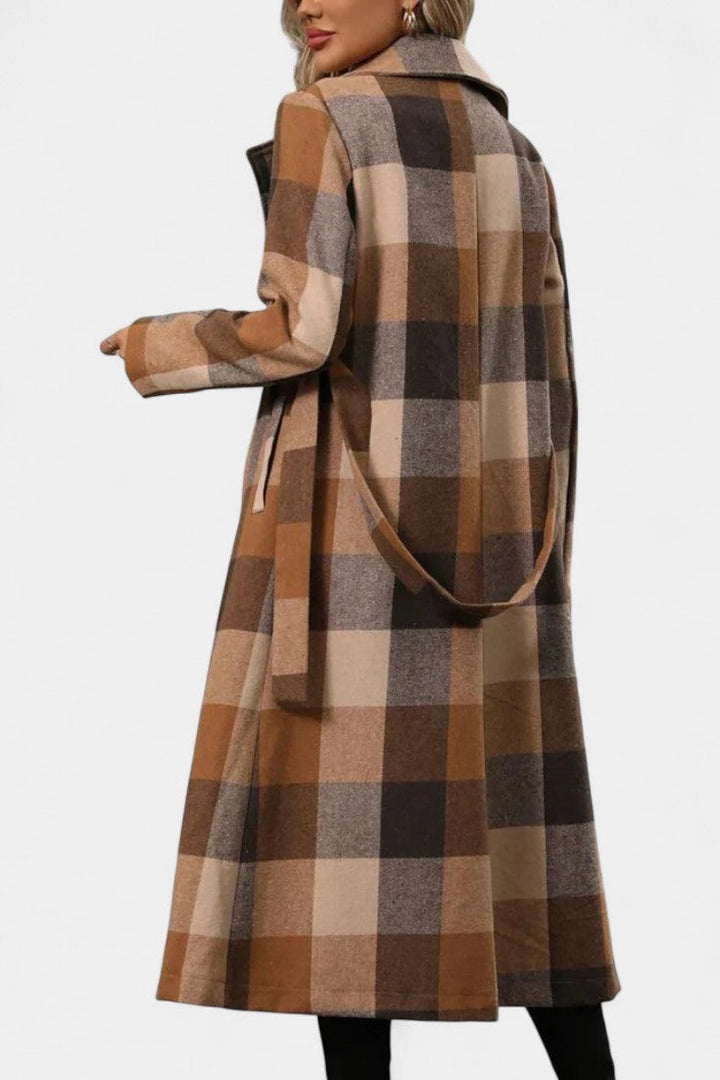 Mélissandre check fabric coat walking lifestyle shot