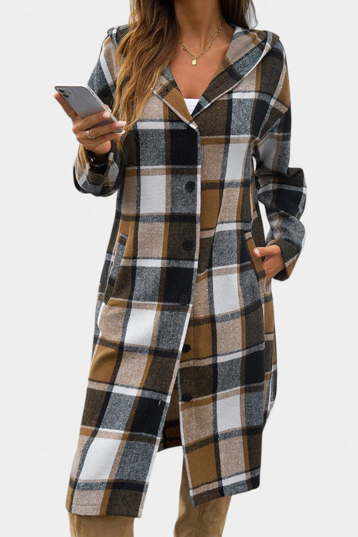 Sandrine hooded coat walking pose lifestyle outdoor