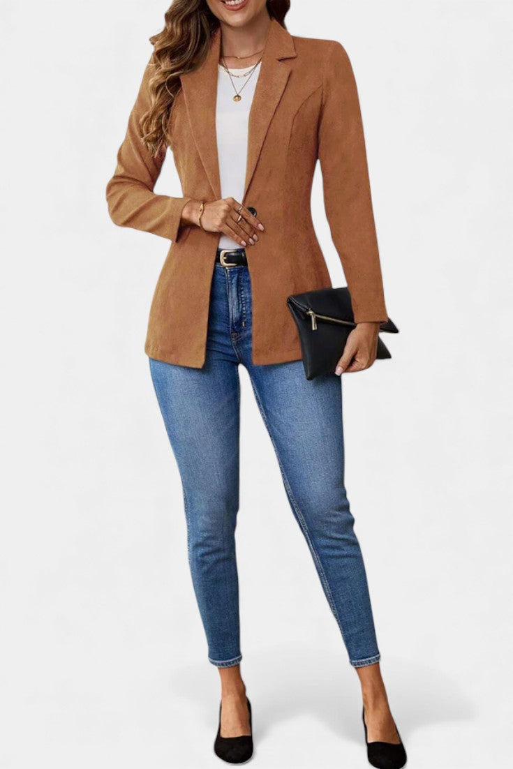 Rhéane long blazer notched lapels single button front view