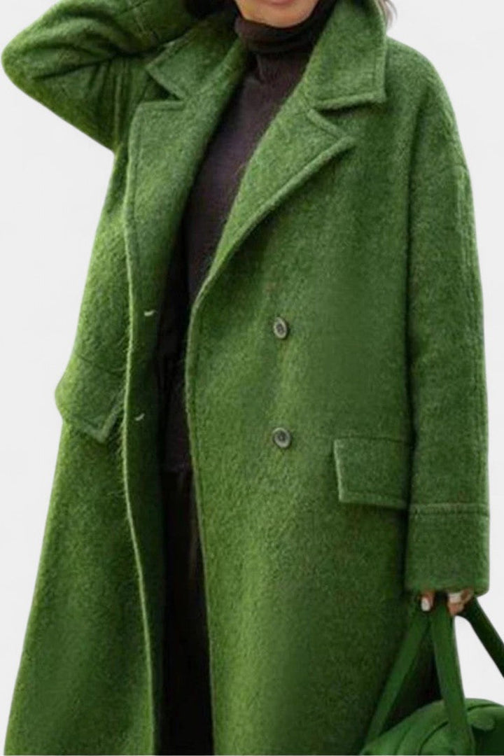 Camile long coat notched collar detail close-up