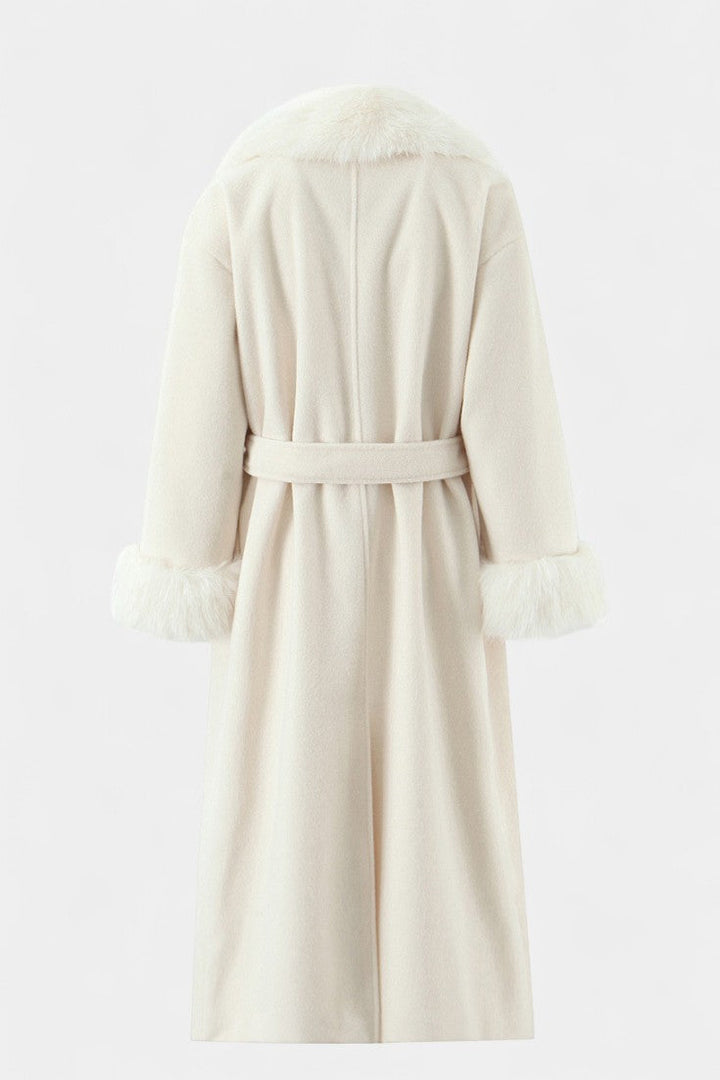 Lalie fur trimmed belted coat side view full length