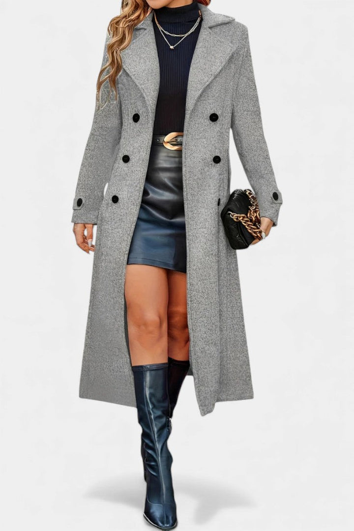 Naissa long double-breasted coat front view model