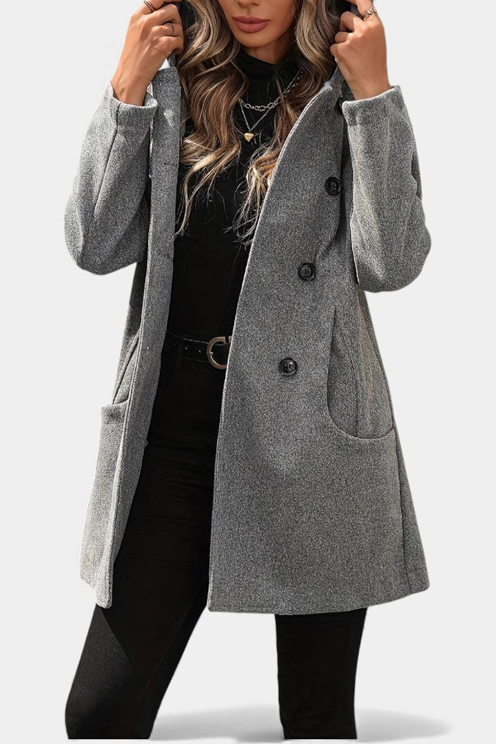 Lada coat fabric and button detail close-up