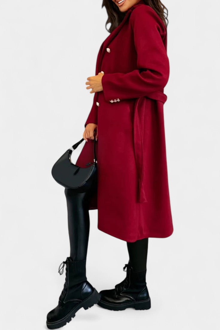 Miguelle coat tie belt back view elegant silhouette