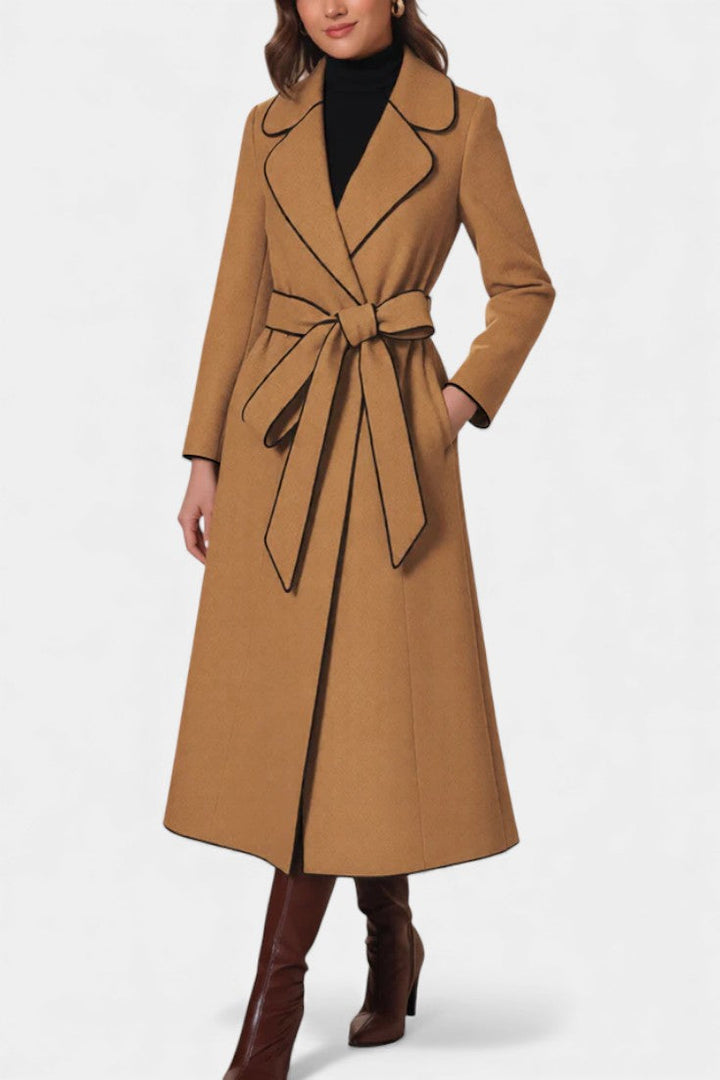 Flora long coat revers coloured belt front view model
