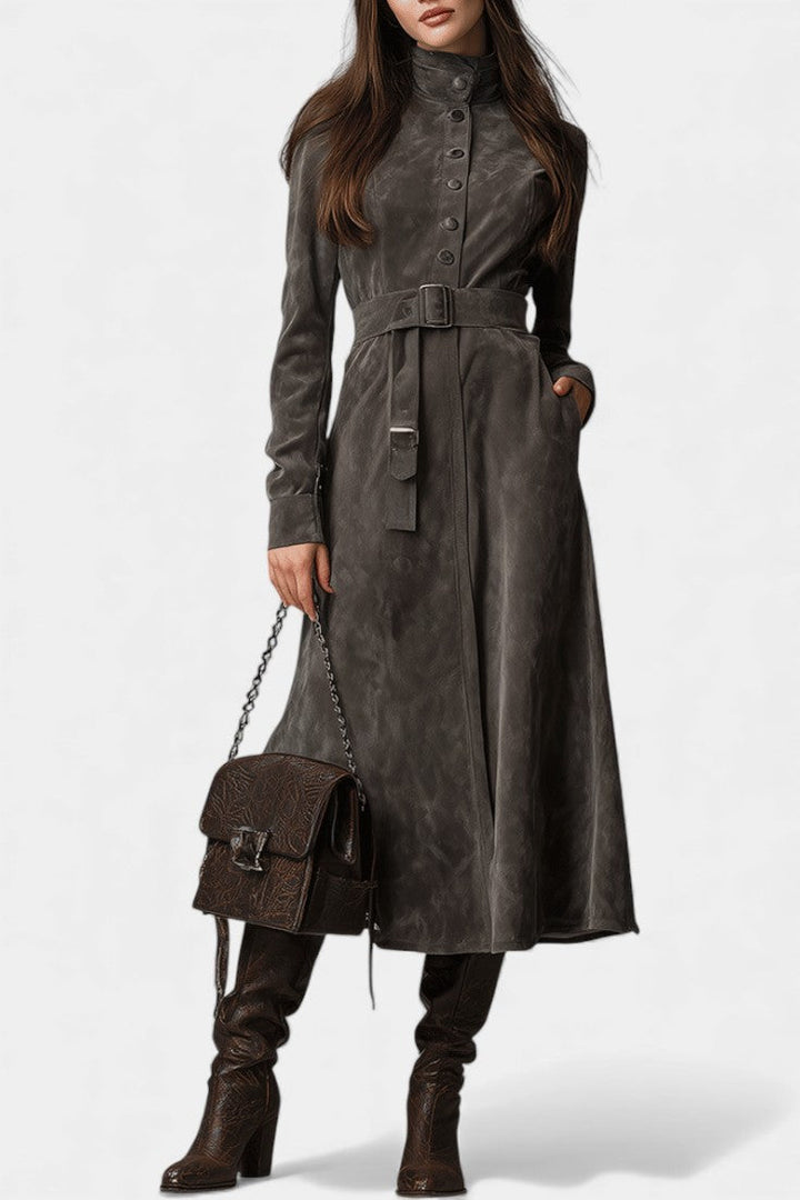 Ambria long western chic coat slim silhouette front view