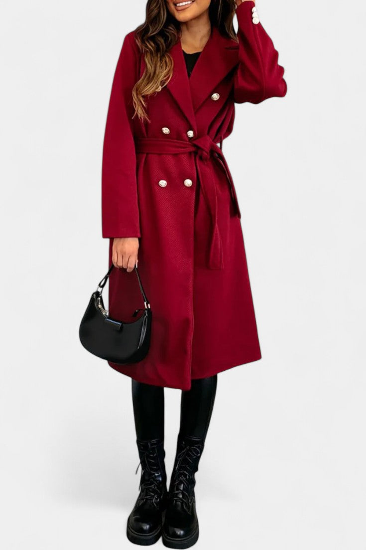 Miguelle double-breasted coat tie belt front view