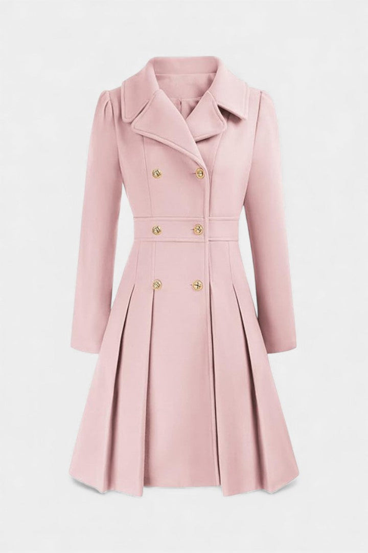 Philia double-breasted coat flared hem detail