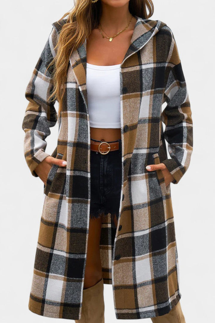 Sandrine check coat pocket and hem detail