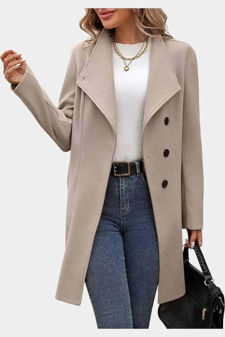 Yuliana women's long coat walking pose lifestyle