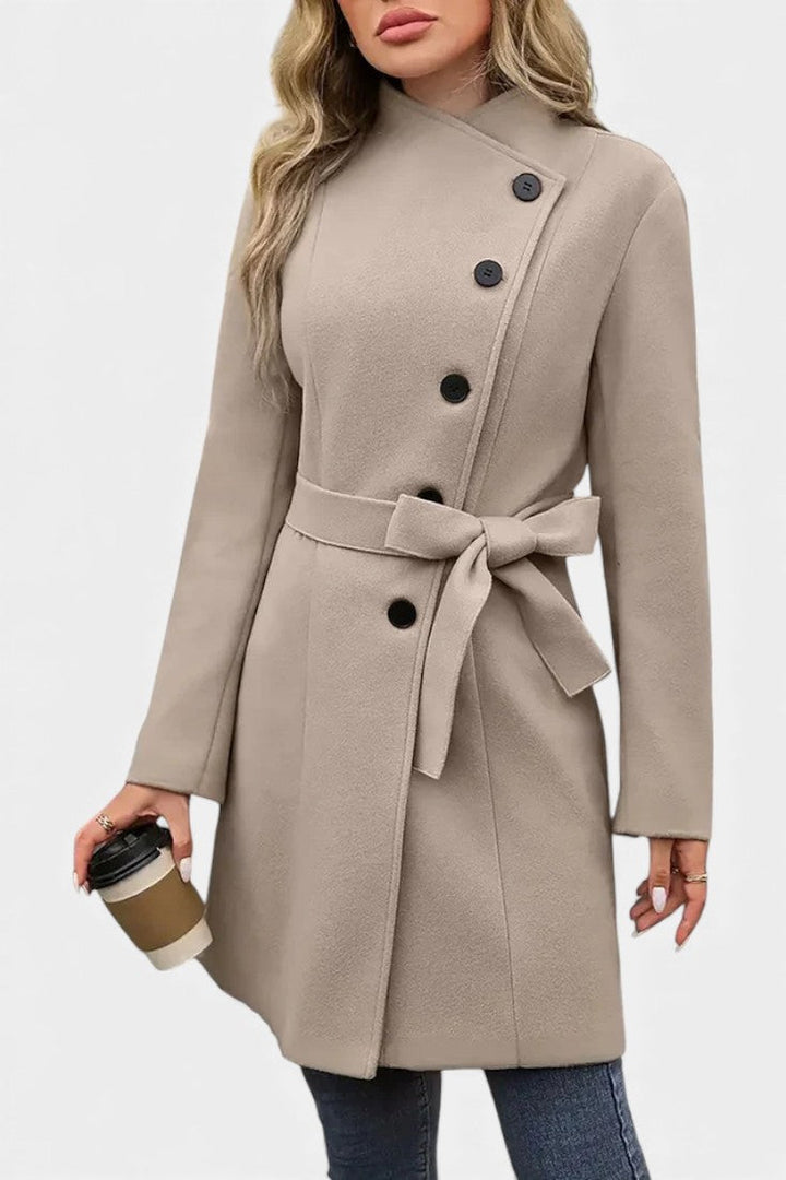 Yuliana long coat buttons tied waist front view model