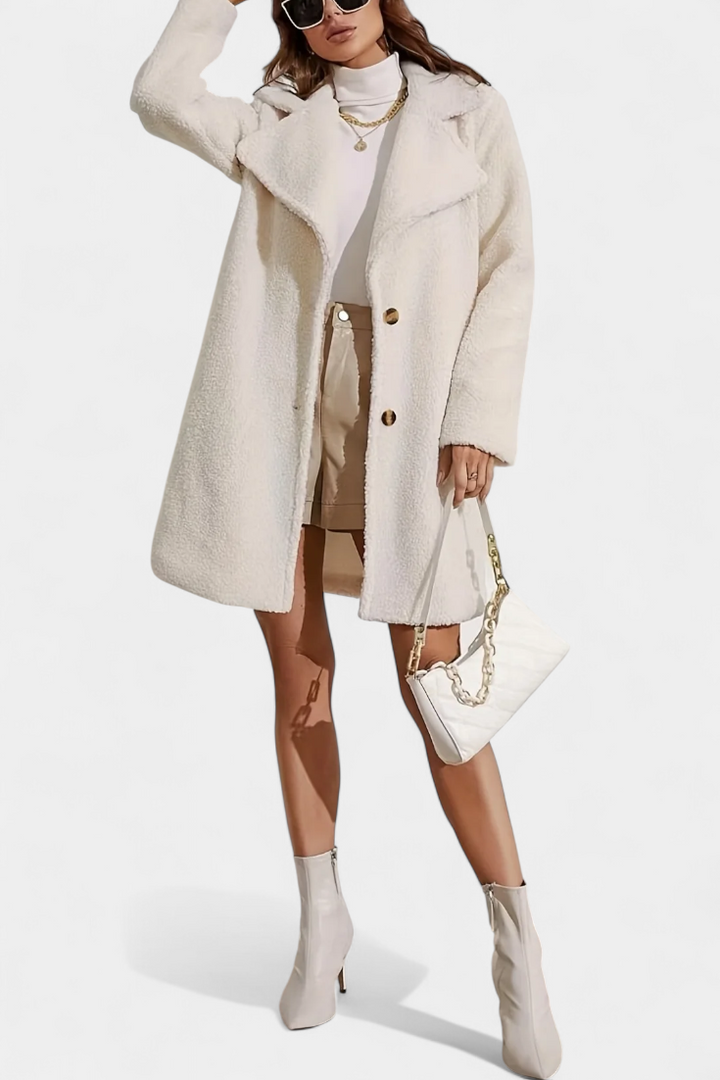 Lyra long minimalist coat simple buttons front view