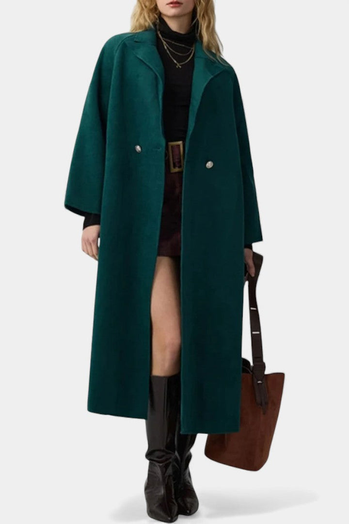 Isabella long crossed lapel coat front view model