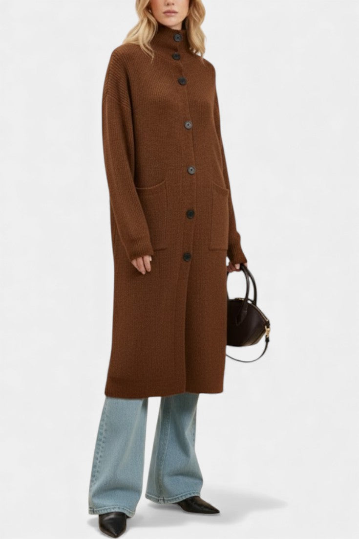 Clarisse long knit coat three-quarter view model