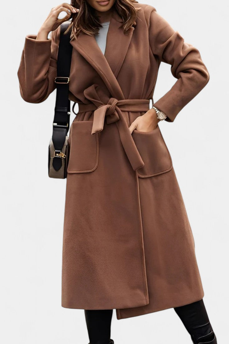 Capucine structured coat side profile full length model