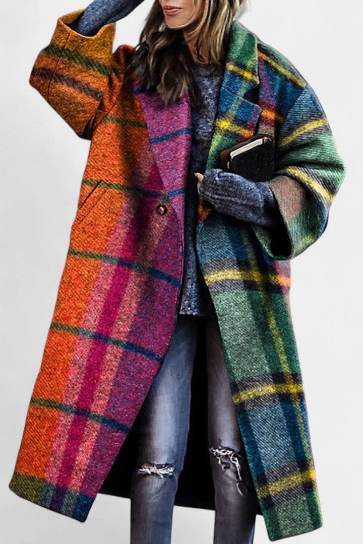 Suhana check pattern coat collar detail close-up
