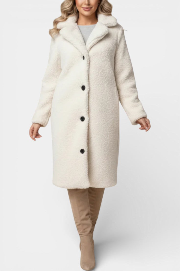 Verdeline teddy long coat collar and button detail