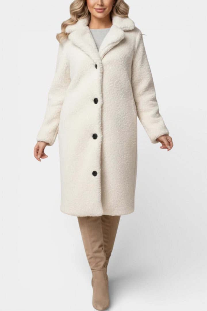 Verdeline teddy long coat collar and button detail