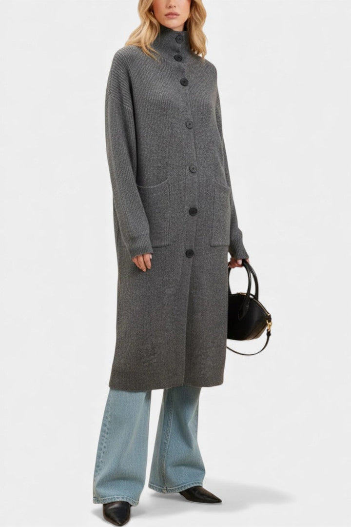 Clarisse long knit coat turtleneck front view model