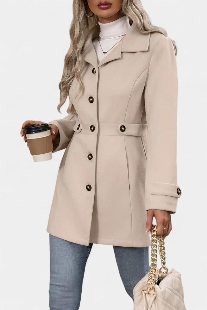 Cléophée coat belt buckle and waist detail close-up