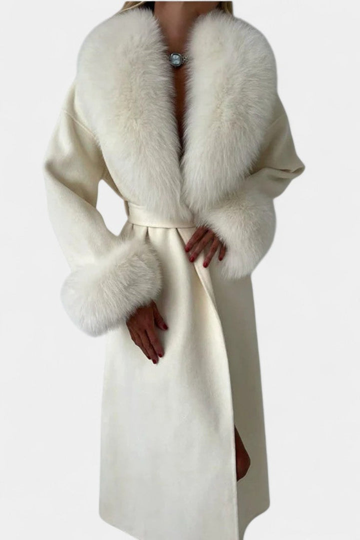 Lalie long coat faux fur trim back view elegant