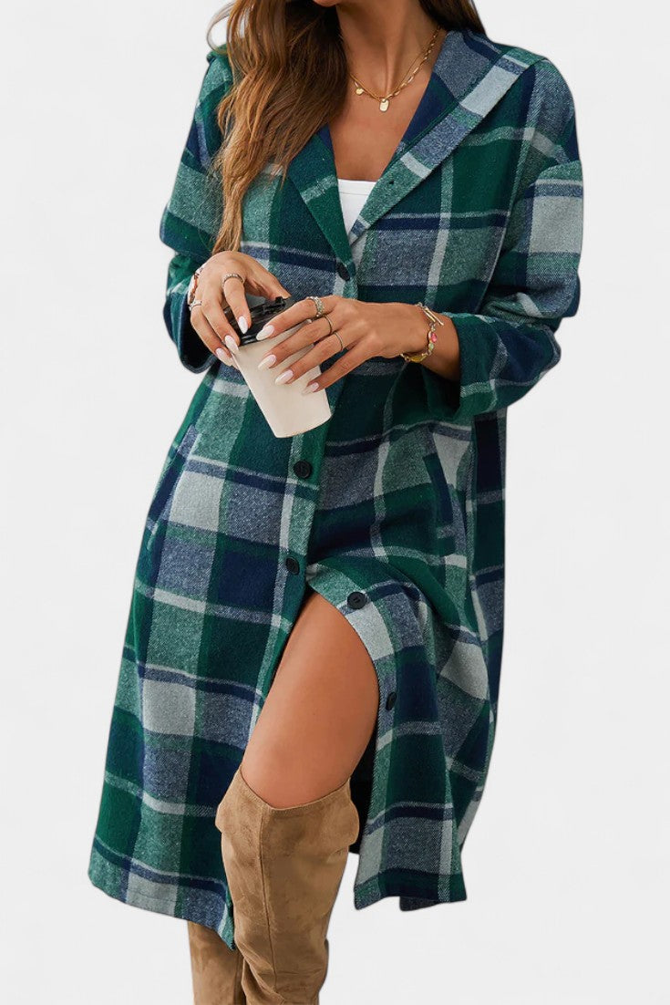 Sandrine check coat hood detail close-up