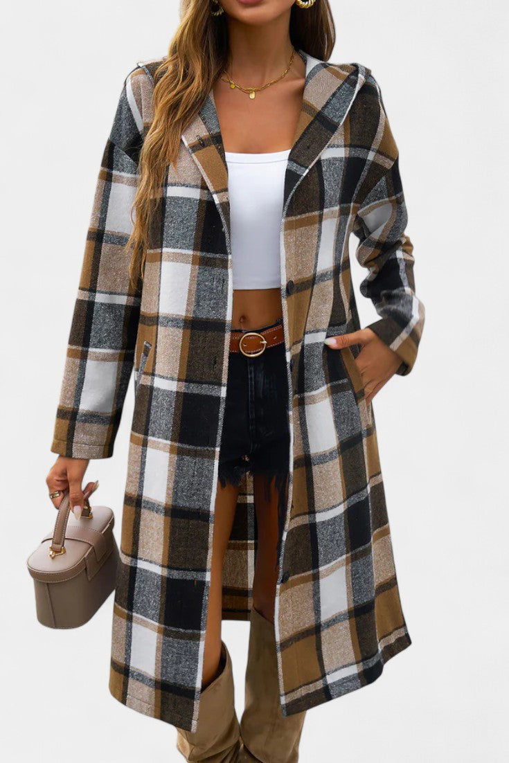 Sandrine brushed check jacket button and lapel detail