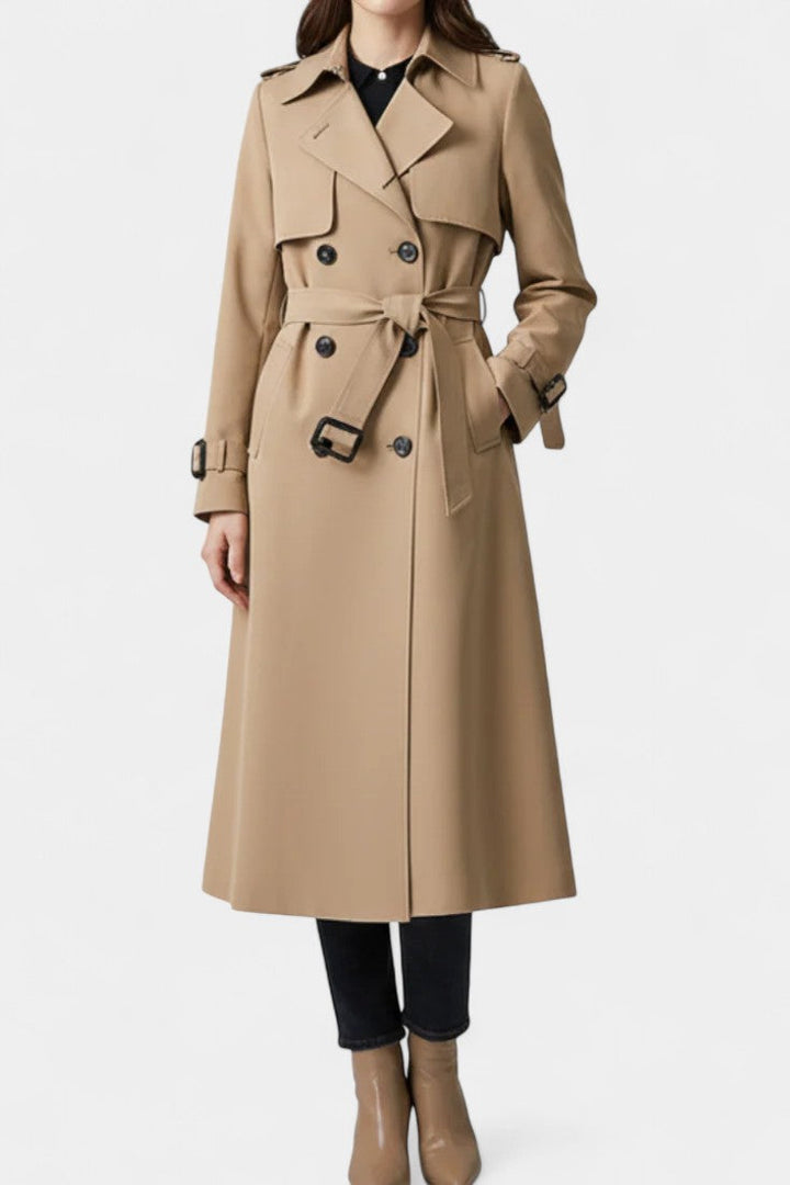Romane long belted double-breasted coat front view