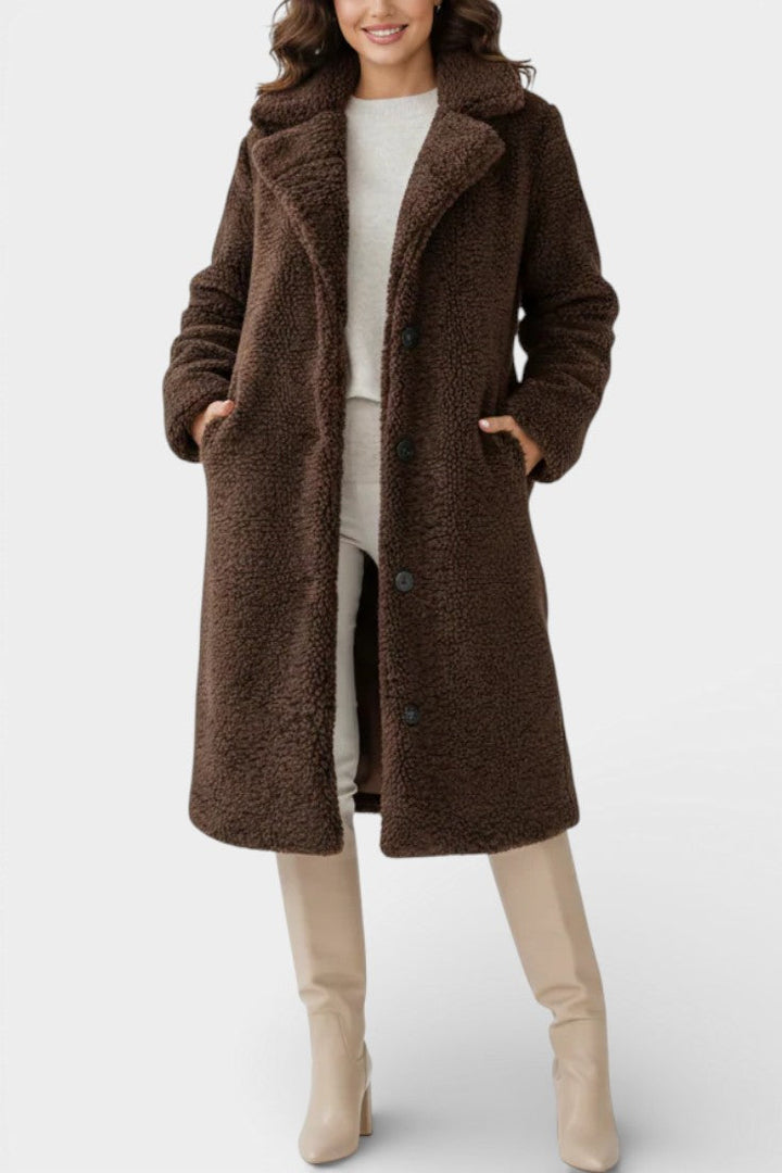 Verdeline oversized teddy long coat in brown front view