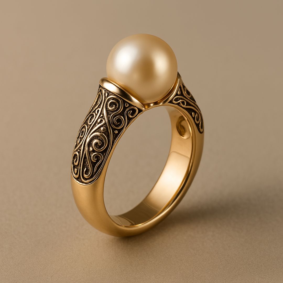 Pearl gold ring shown from a side angle