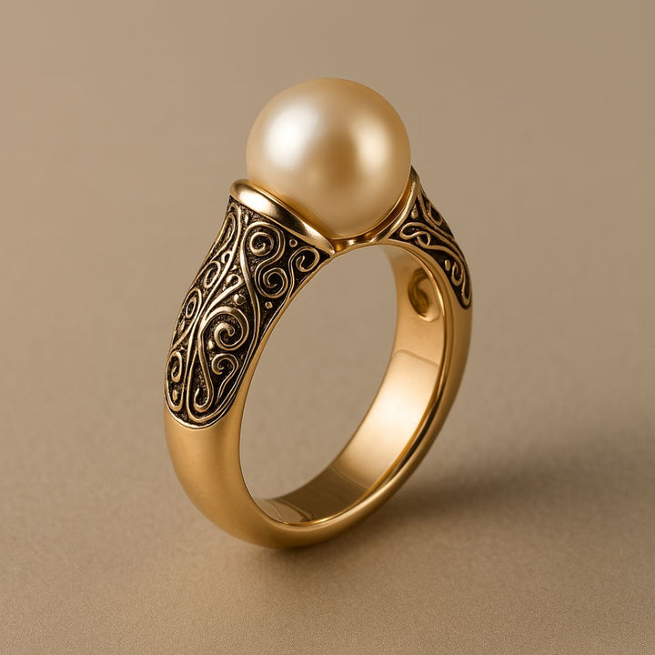 Pearl gold ring shown from a side angle