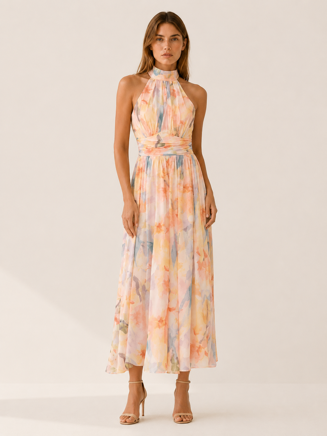 Peach Halter Neck Maxi Dress with Open Back – front view
