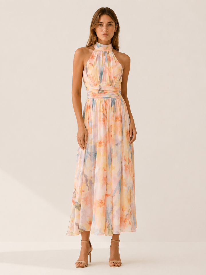 Peach Halter Neck Maxi Dress with Open Back – front view