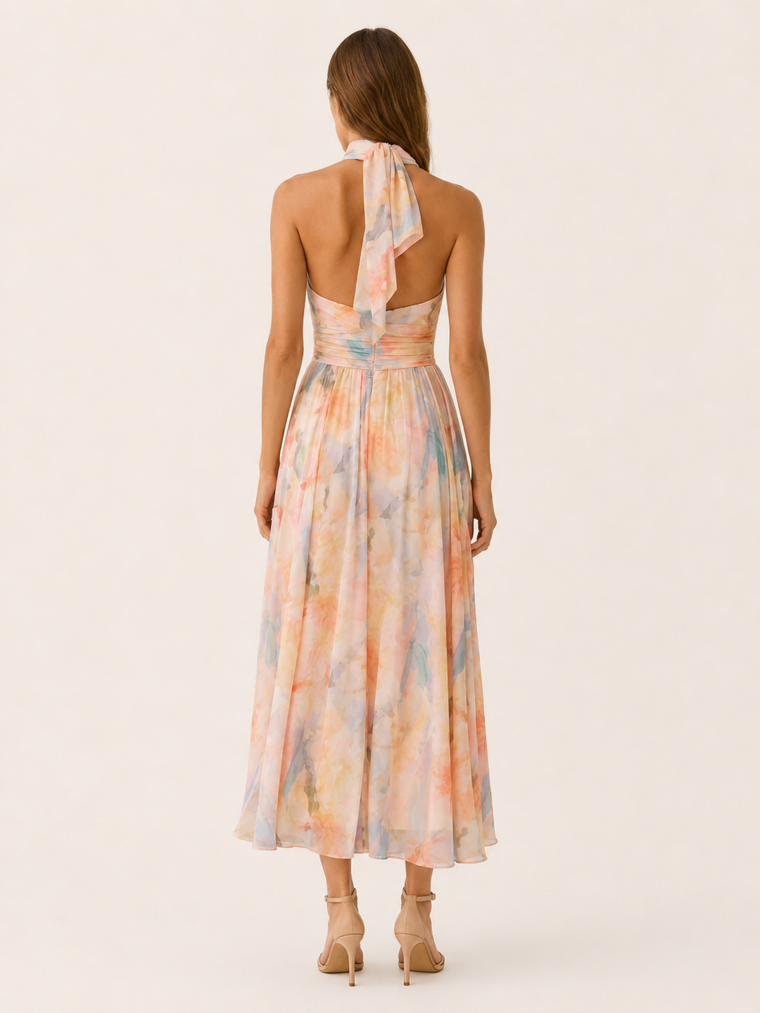 Peach Halter Neck Maxi Dress with Open Back – side view