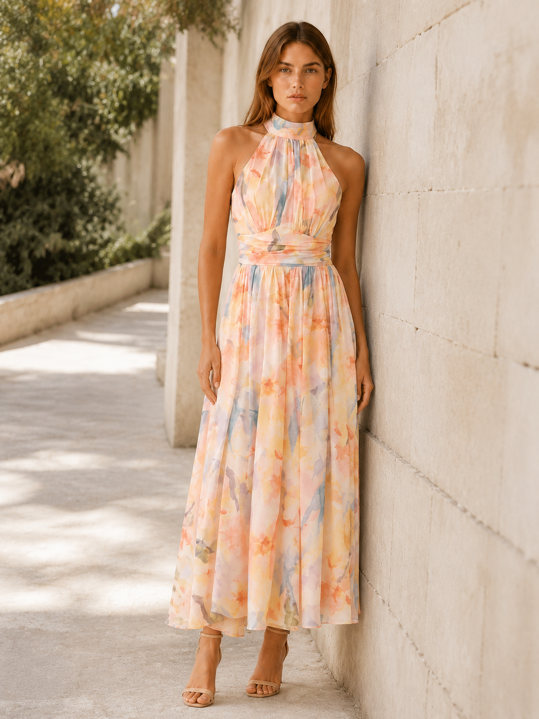 Peach Halter Neck Maxi Dress with Open Back – back view