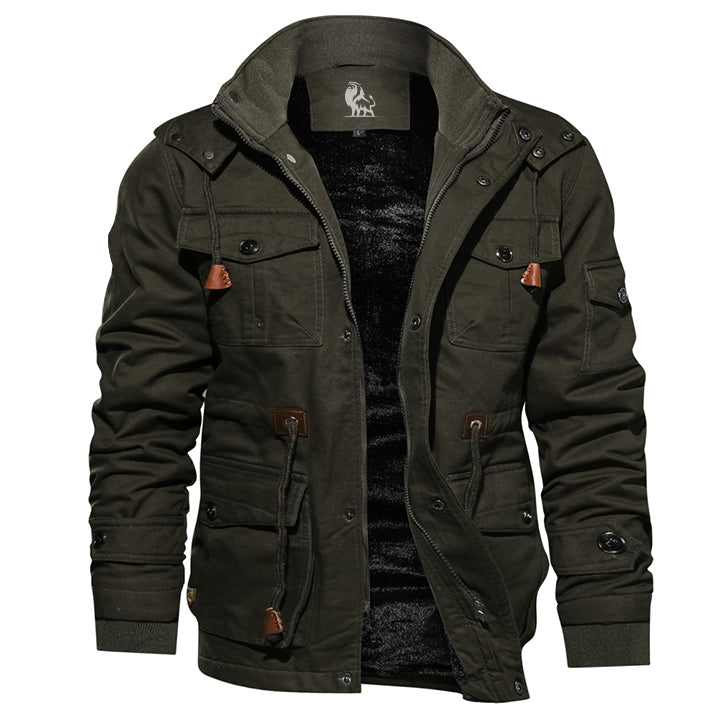 Dark Green Survival cotton jacket, front view on model
