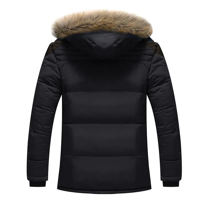 Black Ice Wall parka, back view showing hood