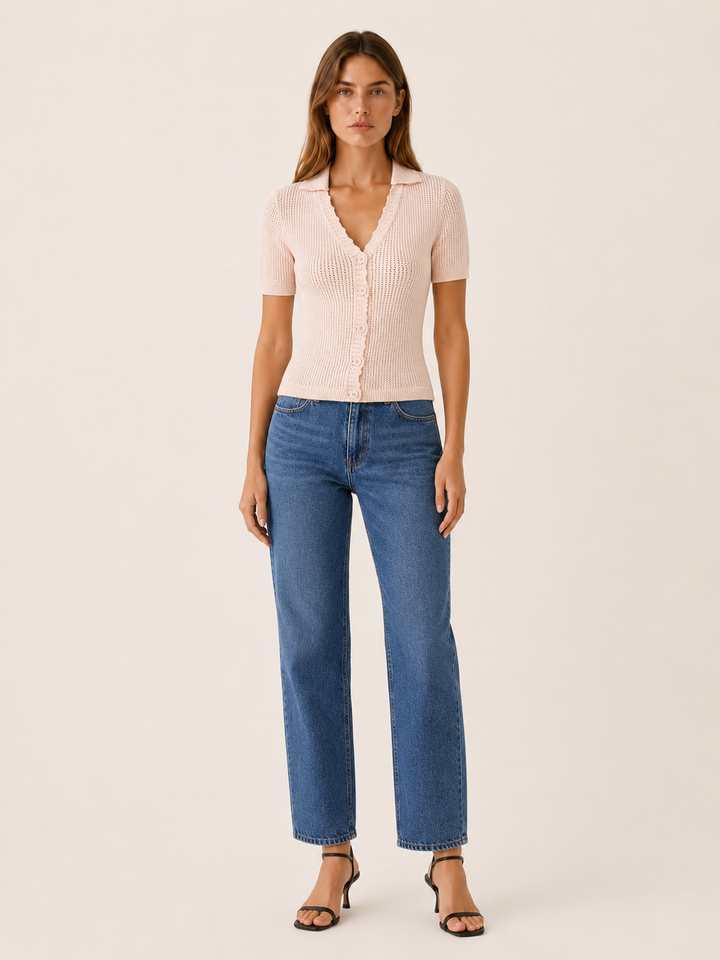 Nude Knit Shirt with V Neck and Button Front – front view