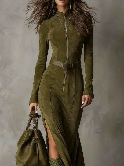 women's vintage maxi dress green – zipper belt detail
