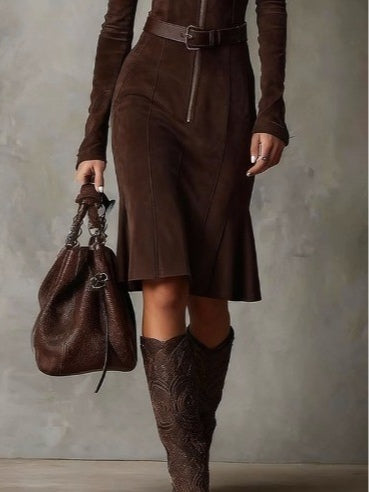 brown midi dress belted zipper – women's vintage fashion