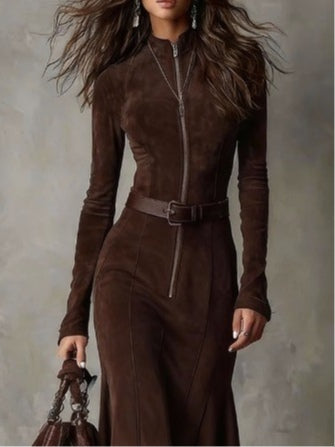 women's vintage midi dress – brown zipper belted style