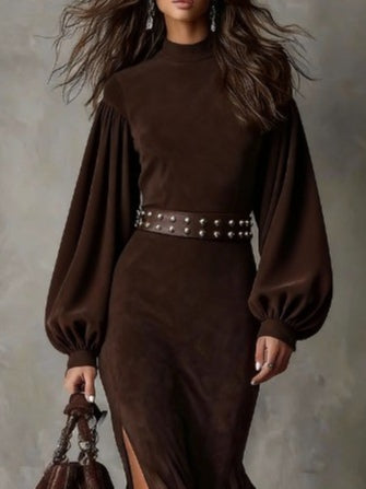 women's maxi dress retro – brown lantern sleeve style