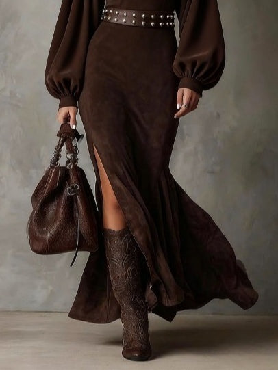 retro lantern sleeve maxi dress – brown women's fashion
