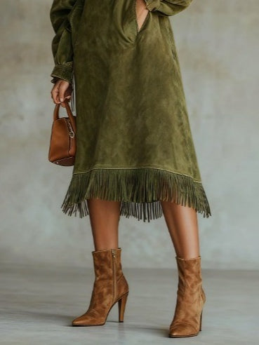 women's boho dress green suede – fringe hem turtleneck