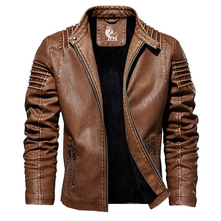 Saddle Brown Kingdom leather jacket, front view on model