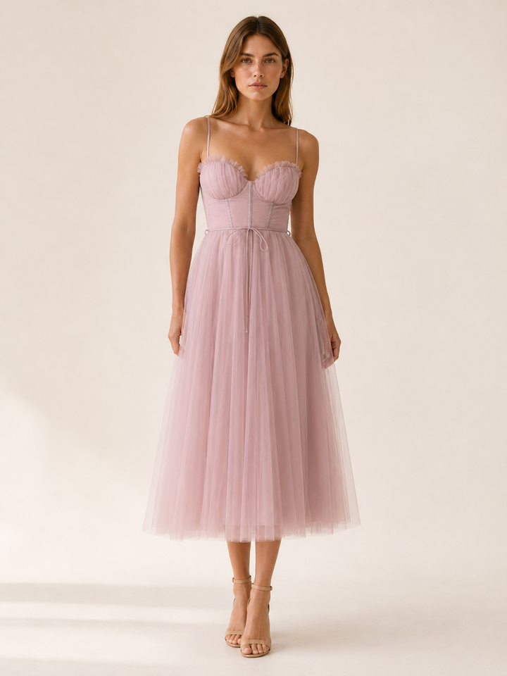 Pink Tulle Midi Dress with Sweetheart Neck – front view